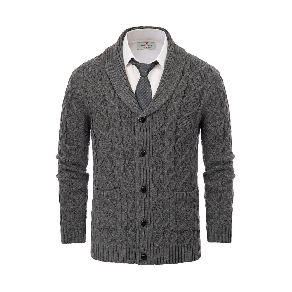 PAUL JONES Gray Fisherman Knit Sweater Button Shawl Collar Pockets Men's L